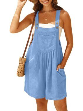 Women's Blue Rompers Summer Wide Leg Shorts Overalls Adjustable Strap Bib